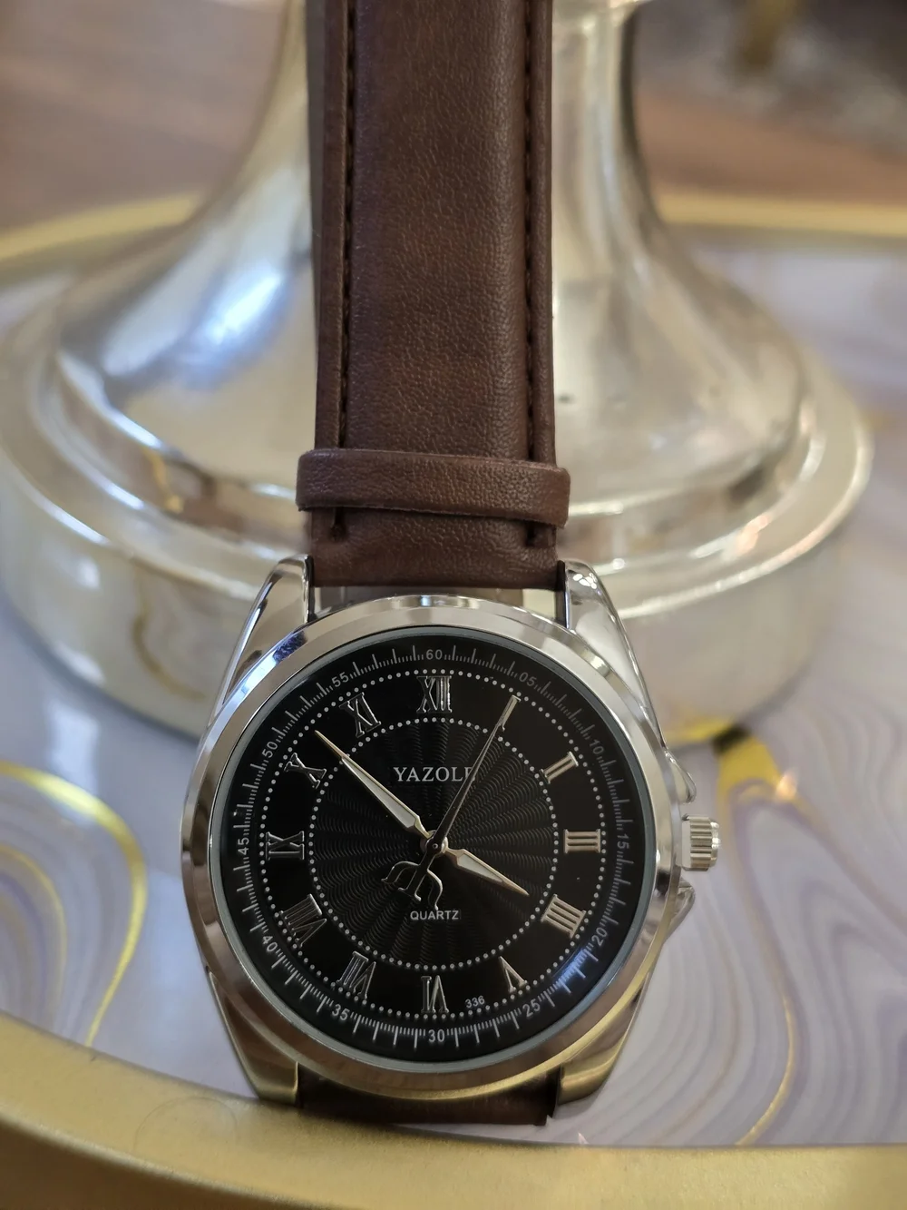 Men's Brown Leather Strap Watch with Black Dial